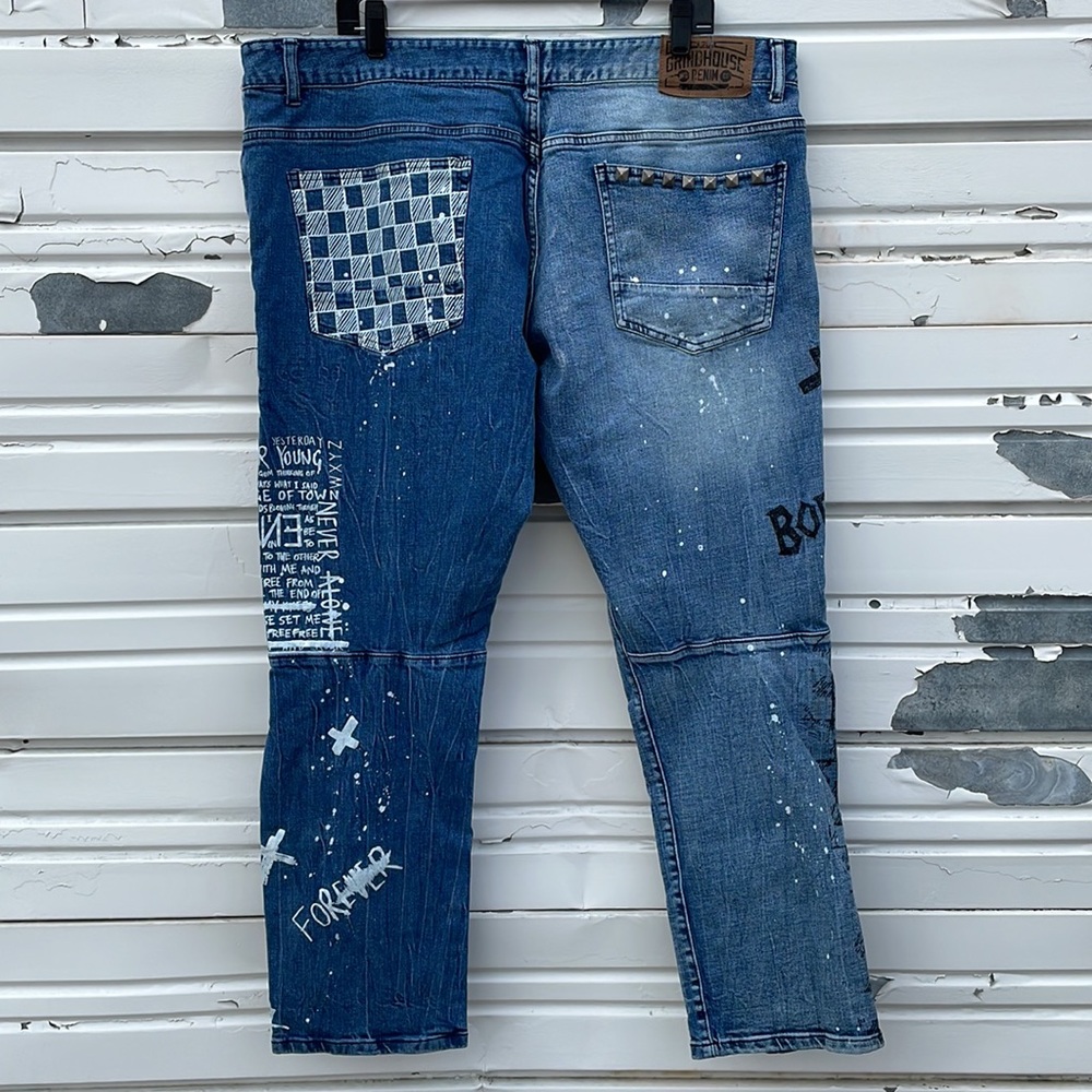 RARE GRINDHOUSE Blue Split Design with Graffiti Jeans Men’s Size 42